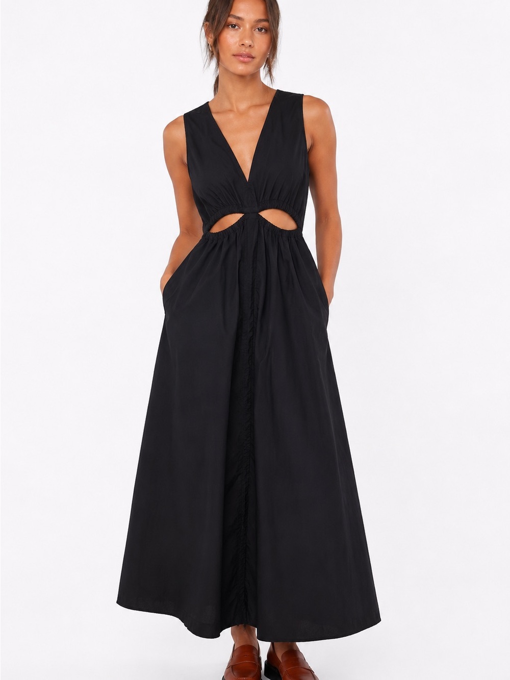 Zara Black Cutout Maxi Dress Sleeveless A-Line Flowy Size Large 100% Cotton